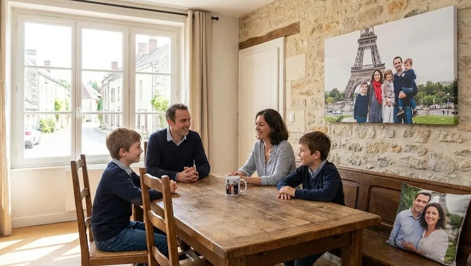 Tableaux abstraits aux tons chauds disposés comme décoration murale moderne dans une salle à manger française