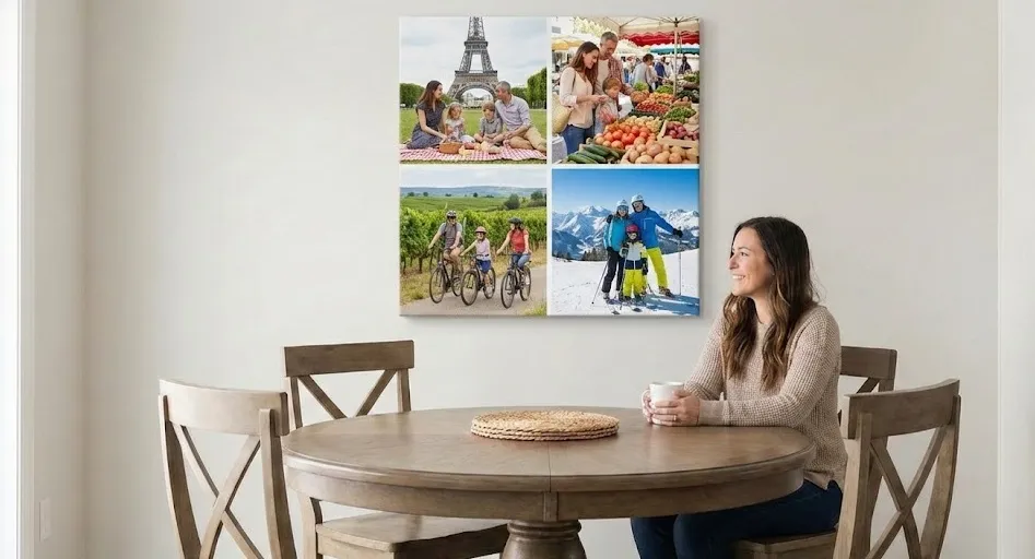 Toile pêle-mêle photo personnalisée avec souvenirs de famille, accrochée comme tableau salle à manger au-dessus d'une table ronde