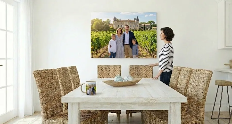 Toile photo panoramique représentant un paysage de calanques, exposée comme tableau salle à manger dans un intérieur lumineux