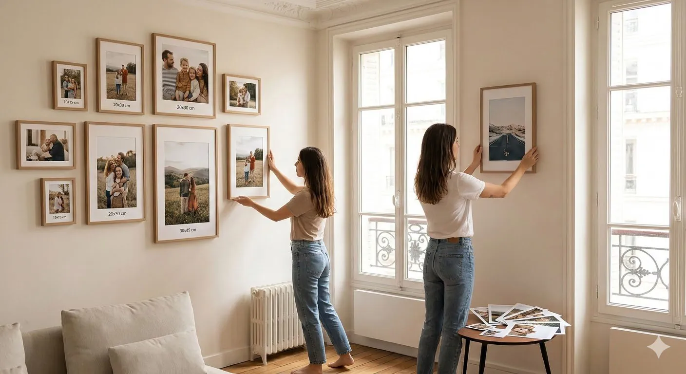 Deux femmes accrochent des photos
encadrées en différents formats comme 10x15 cm, 20x30 cm et 30x45 cm sur
un mur blanc