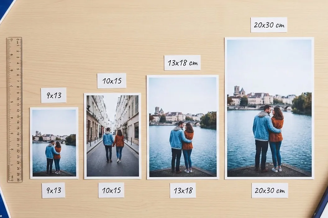 Comparaison visuelle des tailles des
photos standard de 9x13 à 20x30 cm disposées sur un bureau