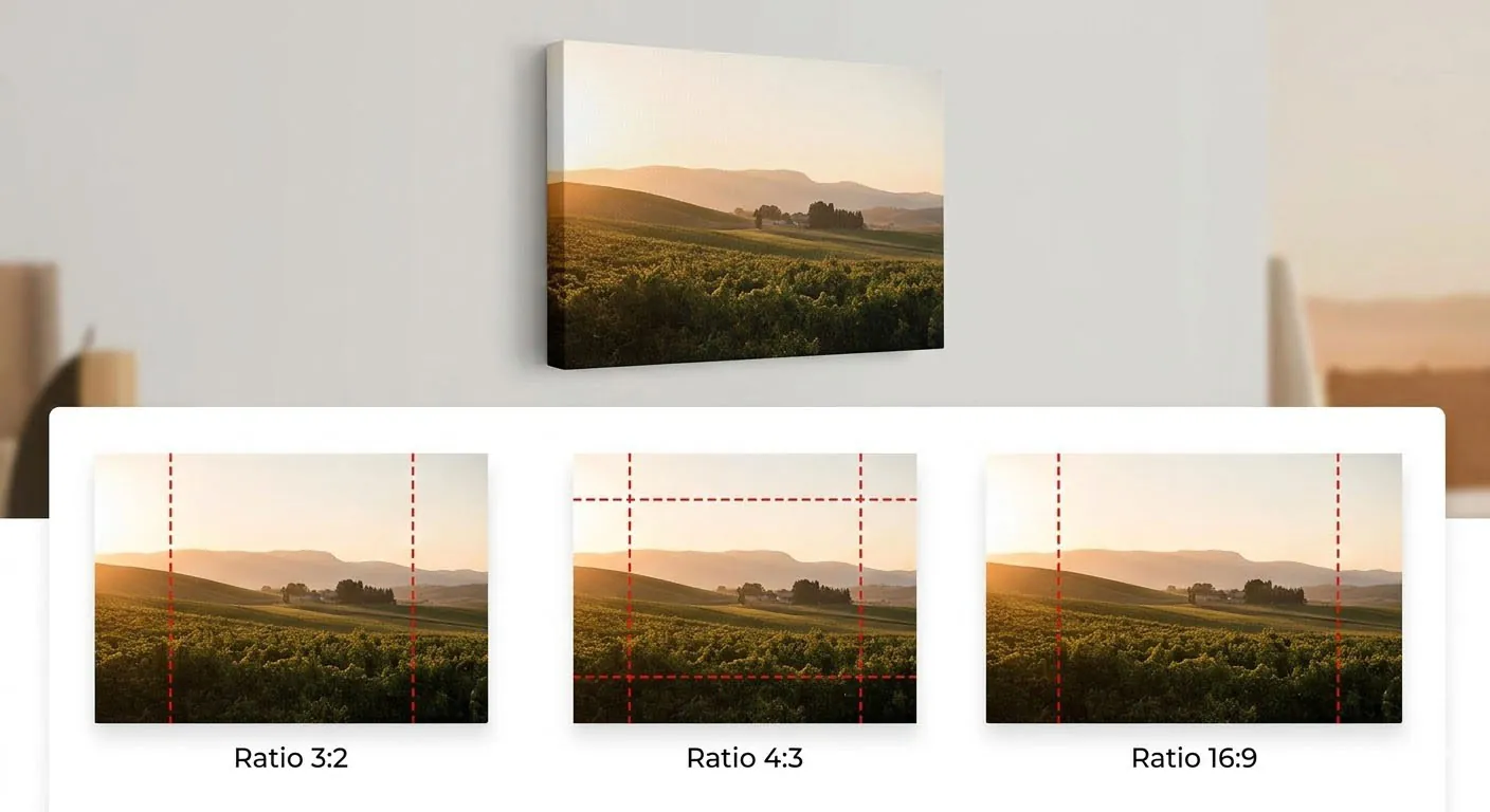 Comparaison des ratios photo 3:2, 4:3 et
16:9 montrant les zones de recadrage sur un même paysage