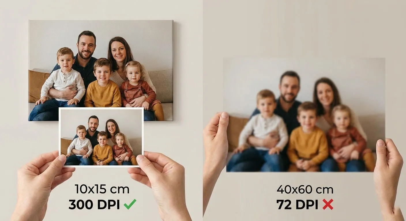 Comparaison de qualité d'impression photo
entre 300 DPI et 72 DPI montrant l'importance de la résolution
