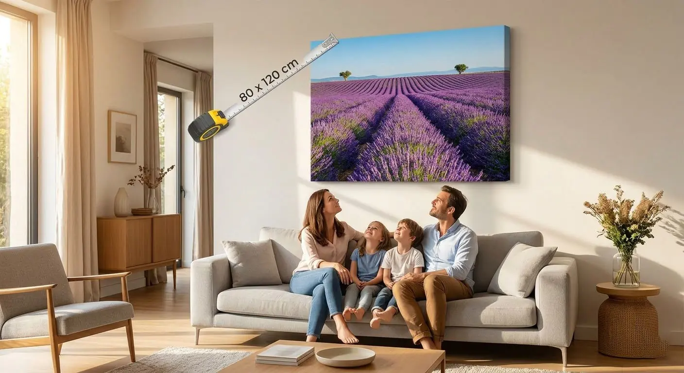 Grande toile photo Mon Oeuvre format
80x120 cm d'un champ de lavande accrochée dans un salon français
moderne