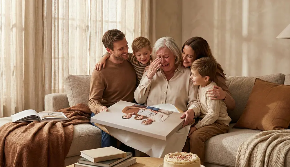 Familie feiert Geburtstag der Großmutter mit personalisiertem Fotogeschenk