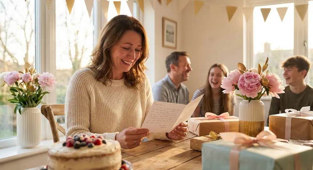 Frau liest gerührte Geburtstagswünsche auf einer Karte bei ihrer Geburtstagsfeier