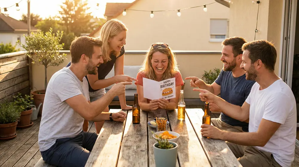 Freunde lachen gemeinsam über lustige Geburtstagswünsche auf einer Party