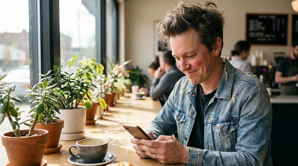 Person schreibt nachträgliche Geburtstagswünsche auf dem Smartphone im Café