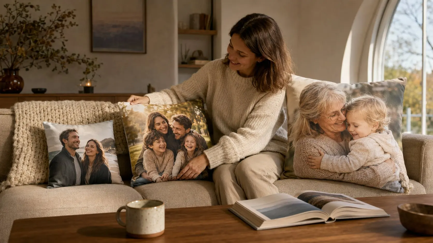 Three custom photo pillows with different family photos and couple motifs on a living-room sofa
