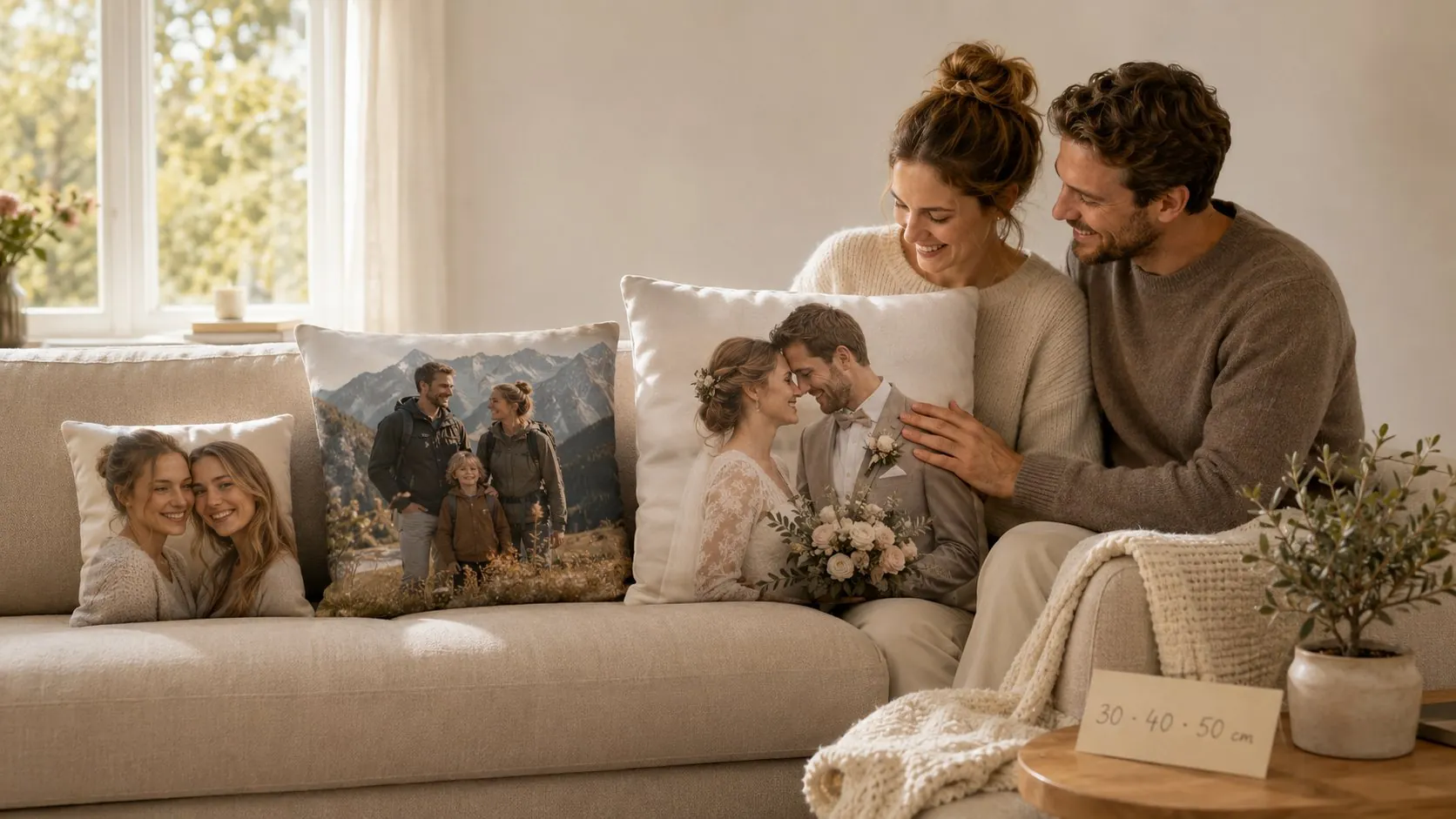 Coussins photo en satin coton et peluche côte à côte avec une carte matière pour comparer directement les tissus