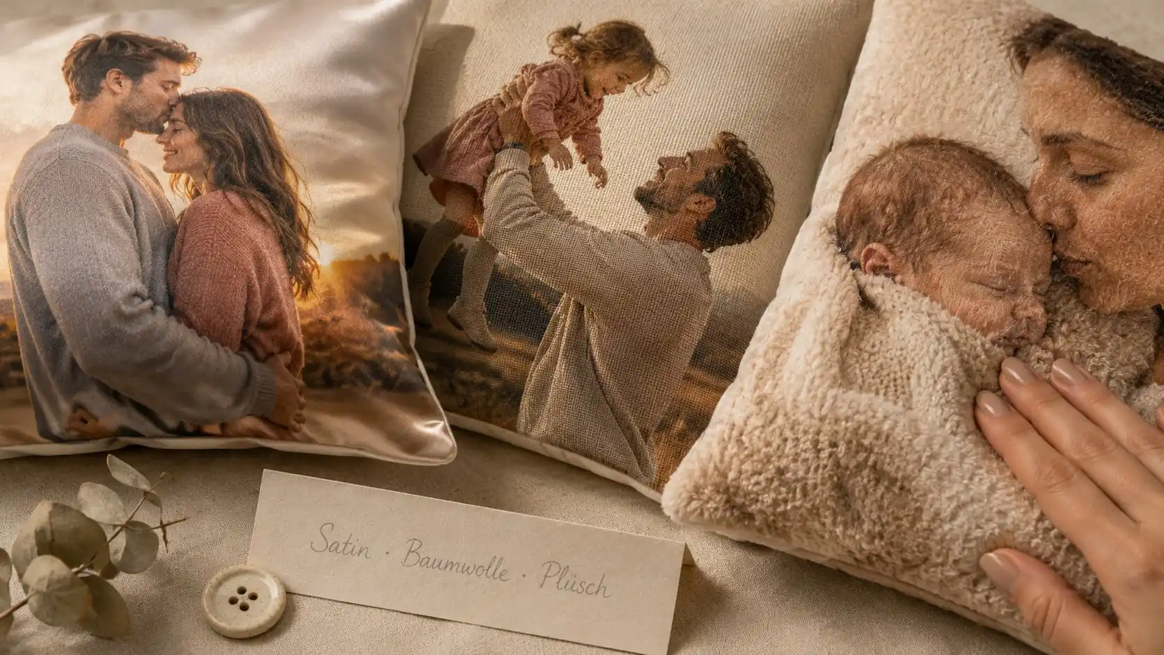 Grandmother unwrapping a photo pillow with a grandchild photo as a gift with a card reading For Grandma from Your Family