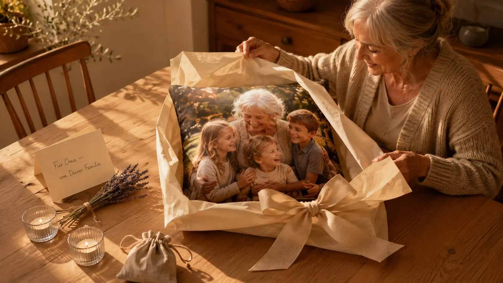 Family at a laptop choosing photos together for a photo pillow with a notepad about size and fabric