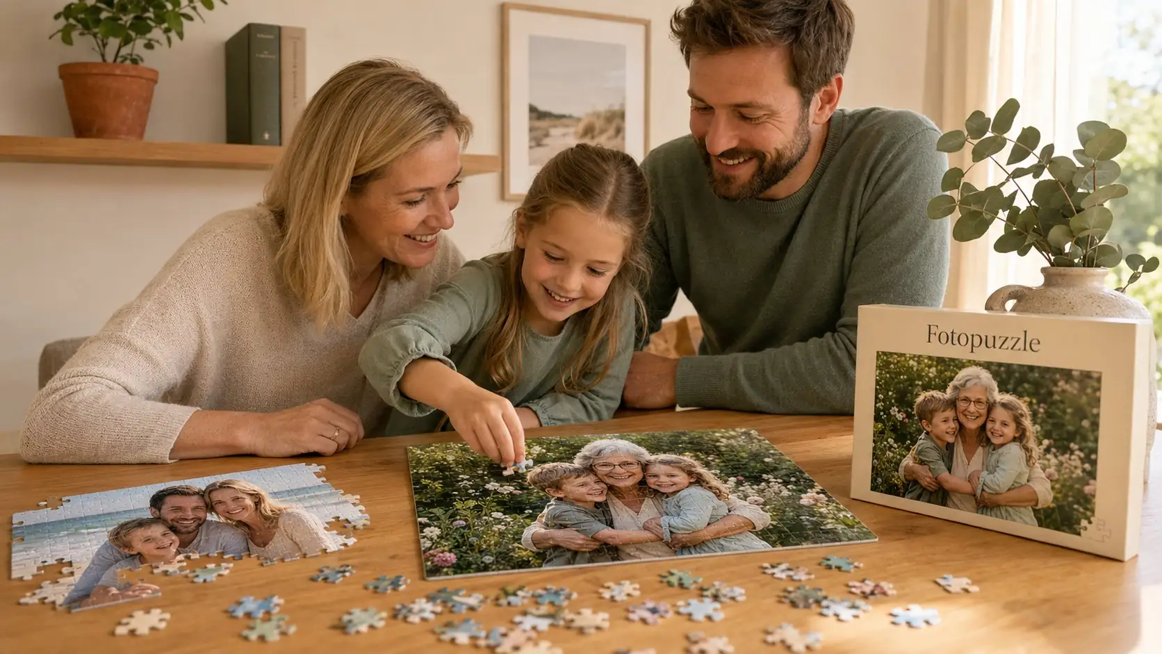 Family putting together a custom photo puzzle with a grandmother and grandchildren motif at the dining table