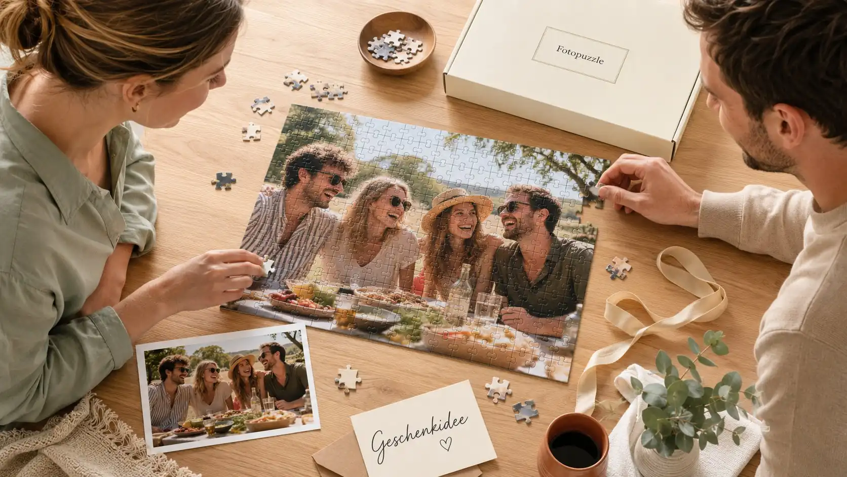 Couple putting together a custom photo puzzle with a summer picnic motif next to a gift card and box