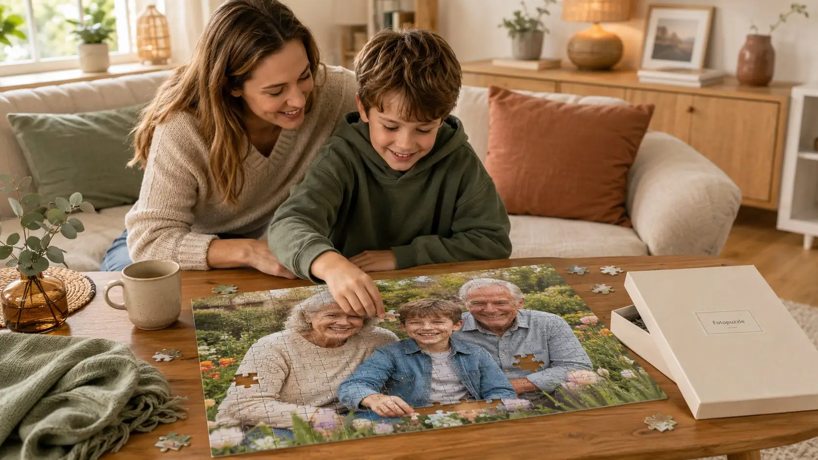 Mother and son putting together a custom photo puzzle with a grandparents motif on the coffee table in the living room