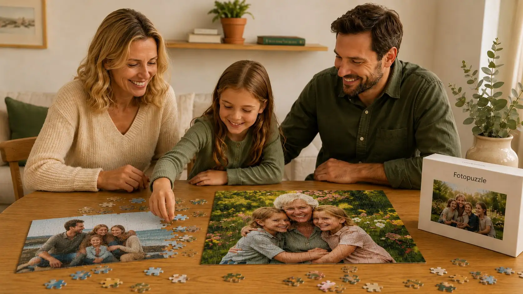 Family with grandmother in a blooming garden as an ideal subject for a sharp personalized photo puzzle
