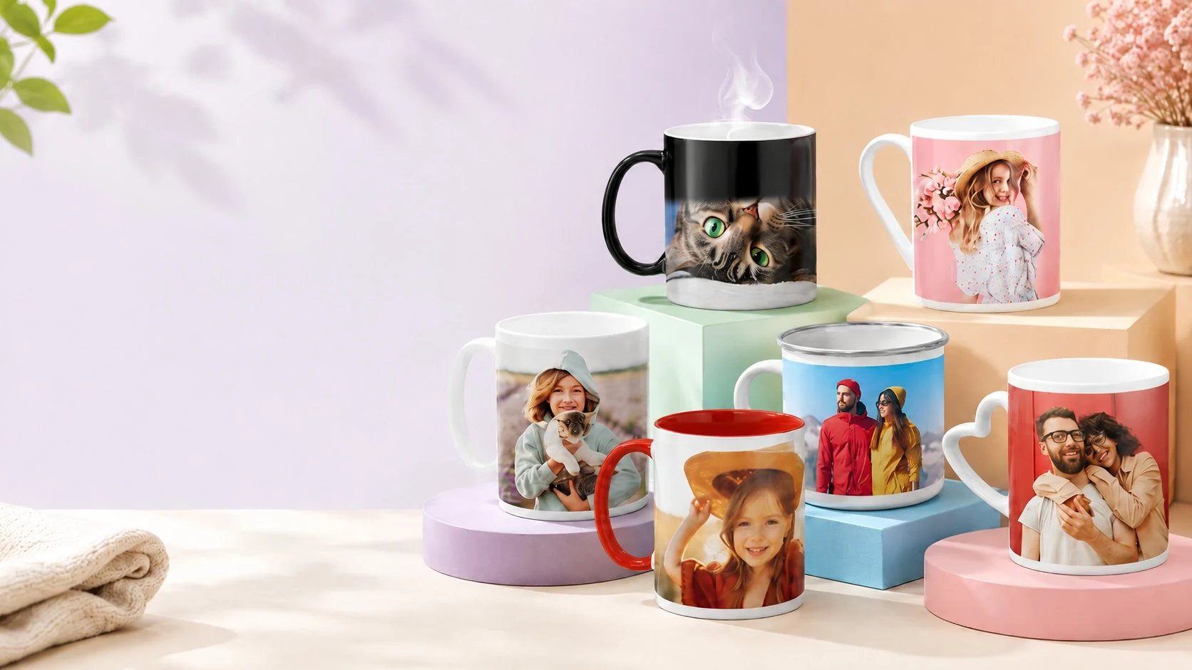 Six mugs photo avec motifs de famille et de couple comparés : classique, en couleur, émaillé, magique et anse en cœur
