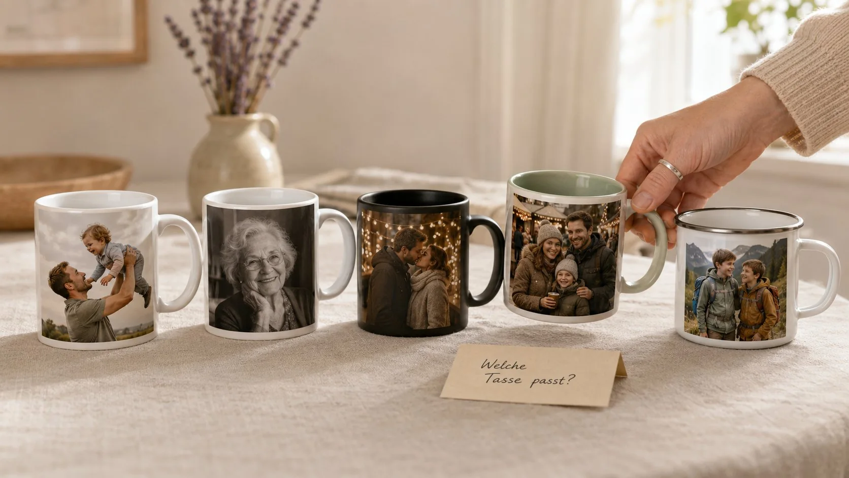 Cinq mugs photo différents classique en couleur émaillé et magique comparés avec une carte Quel mug te convient