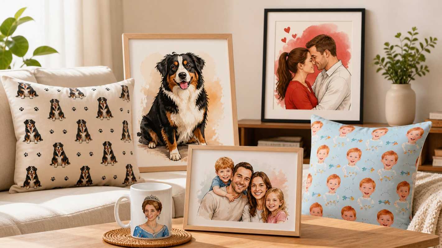 Gezeichnete Porträts von Familie, Paar und Hund auf Bildern, Kissen und Tasse