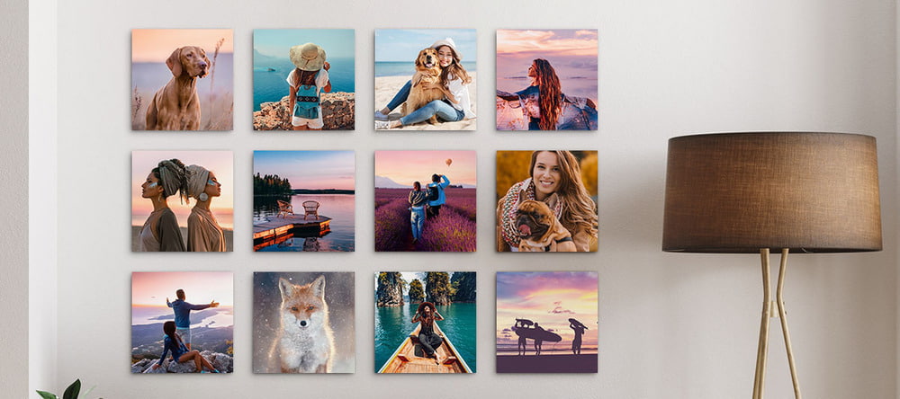 What Are Photo Tiles. Grid of holiday photo tiles on wall.