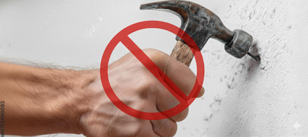 What Are Photo Tiles. Hammer and nail with circle-backslash symbol.