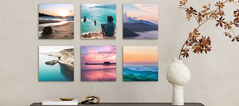 What Are Photo Tiles. Grid of holiday photo tiles on wall.