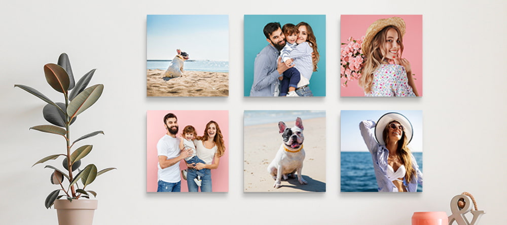 What Are Photo Tiles. Grid of holiday photo tiles on wall.