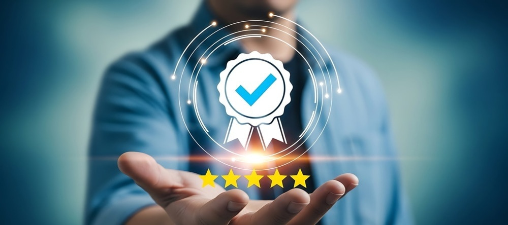 Where to Buy Canvas Prints in the UK. Five stars and quality tick superimposed on man.