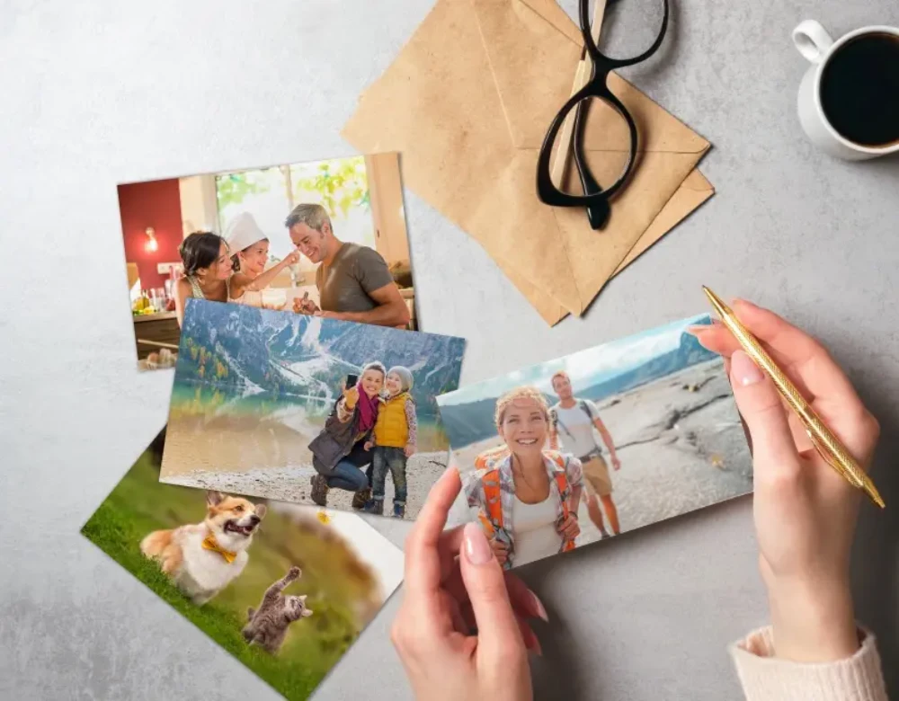 Different photo prints of a family and pets