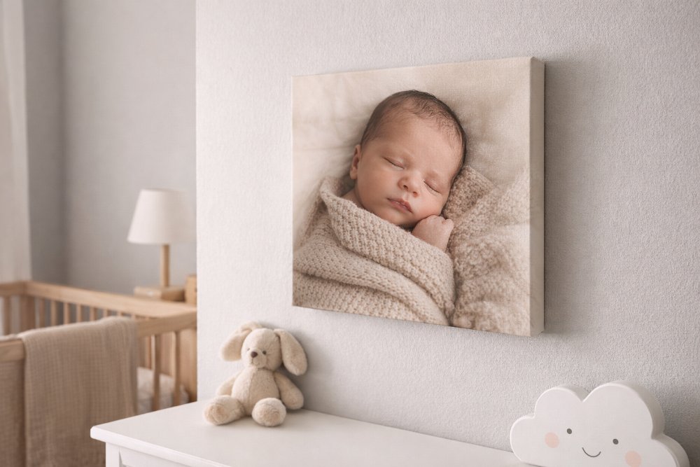 Birth announcement canvas print in a nursery