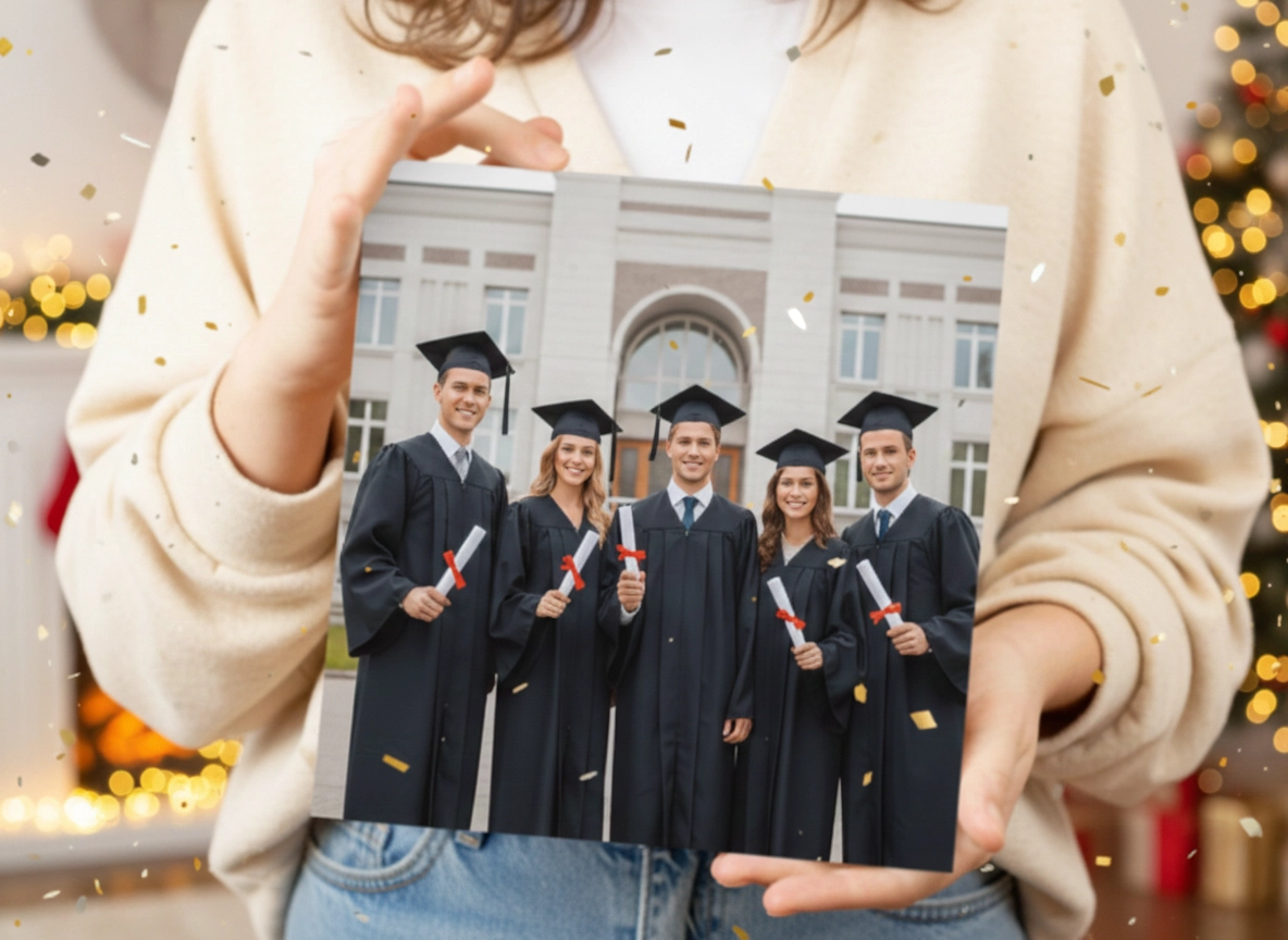 A collection of MIXPIX® photo tiles on a wall, featuring graduation photos and typography tiles with short, inspiring graduation quotes, demonstrating flexible display options