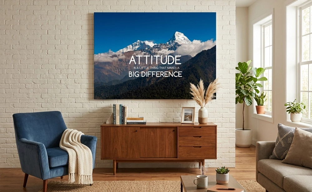 A custom canvas print featuring an inspirational quote displayed in a modern living room