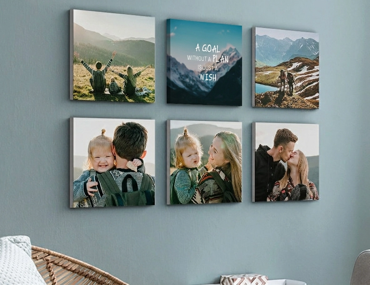 A creative arrangement of MIXPIX photo tiles on a wall, showcasing various inspirational quotes