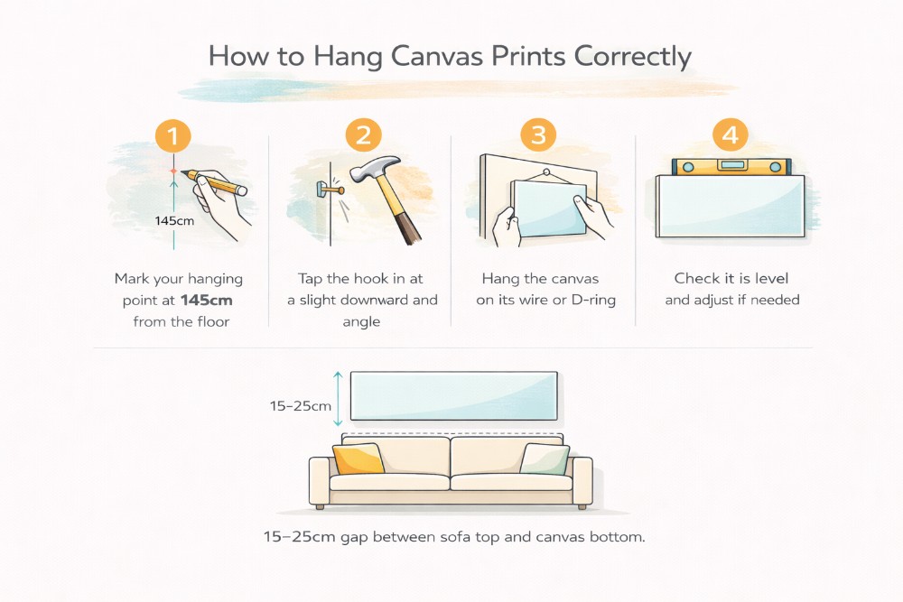 Step-by-step guide to hanging canvas prints on a living room wall