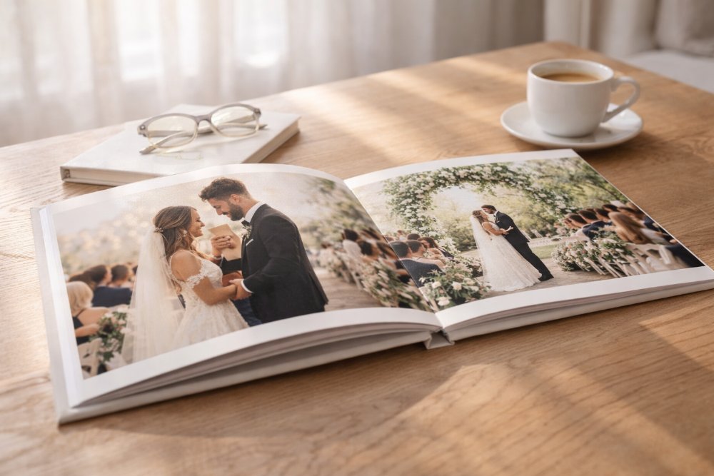 A high-quality personalised wedding photo album