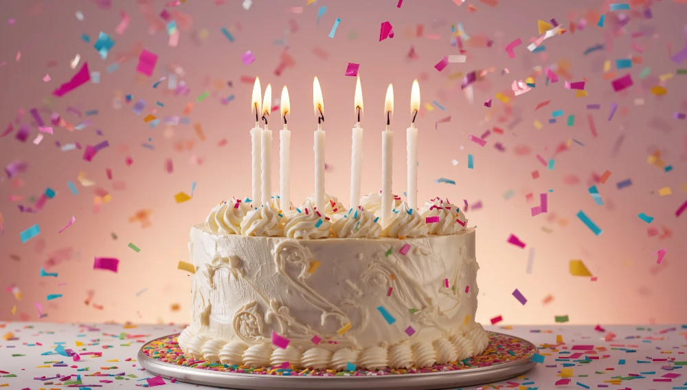 Happy belated birthday celebration with cake, gifts, and balloons