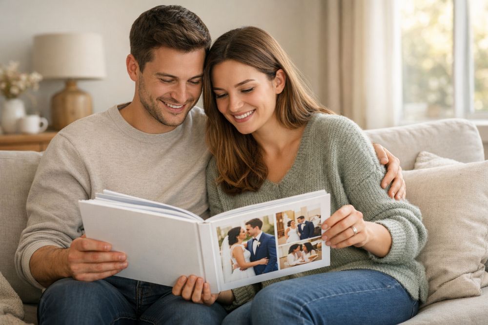 Elegant wedding photo album on a wooden table