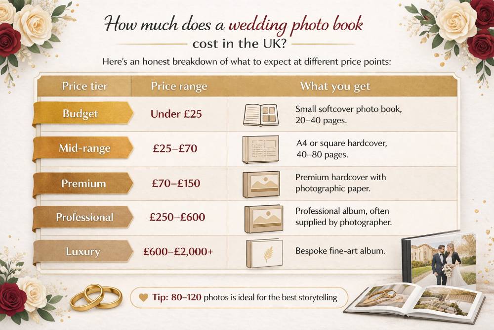 Comparison of wedding photo book pricing tiers