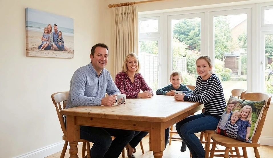 Framed black and white landscape photograph displayed as dining room wall art above a wooden sideboard in a traditional British dining room