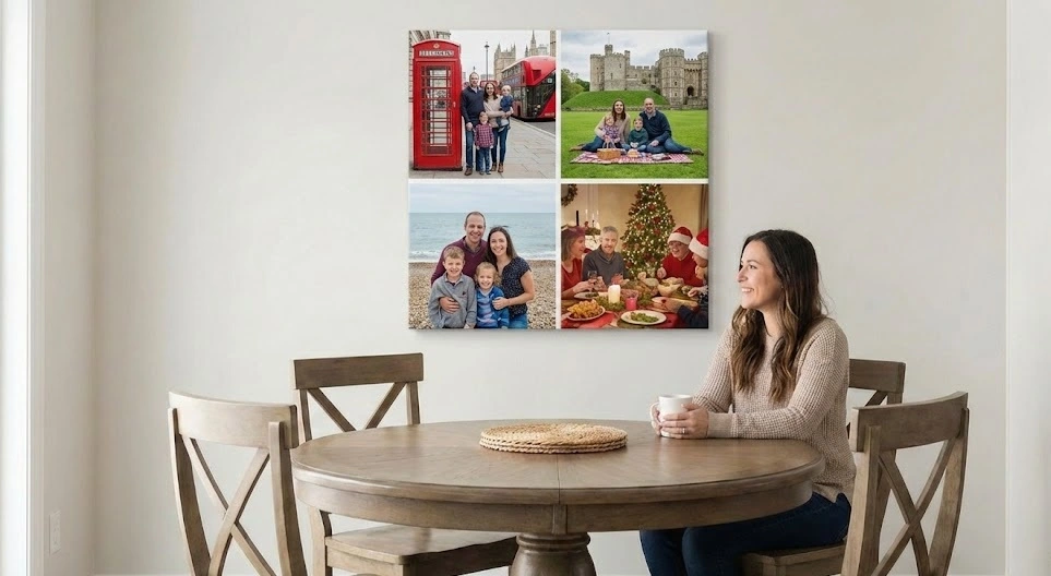 Abstract triptych canvas wall display in a modern open-plan kitchen-diner, serving as contemporary dining room wall art