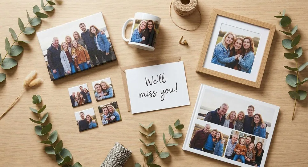Flat lay of personalised photo leaving gifts including canvas print, photo mug, magnets, framed print, and photo book on a wooden table