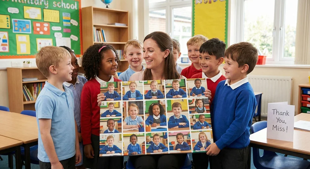 British primary school teacher receiving a photo collage canvas as a leaving gift from smiling pupils in a colourful classroom