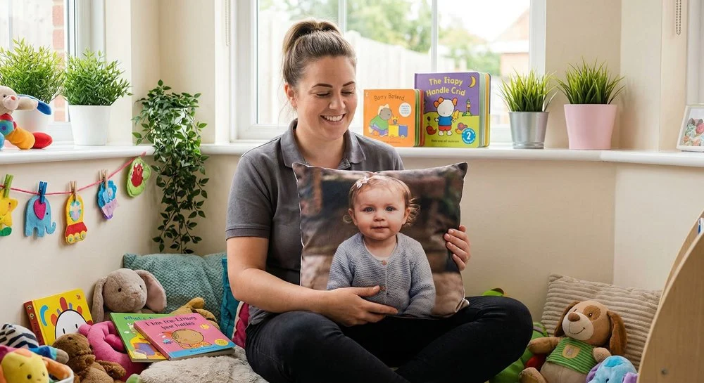 British nursery key worker holding a personalised photo cushion as a leaving gift in a cosy nursery reading corner