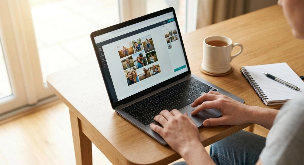 Person designing a personalised photo collage leaving gift on a laptop at a modern desk with a cup of tea