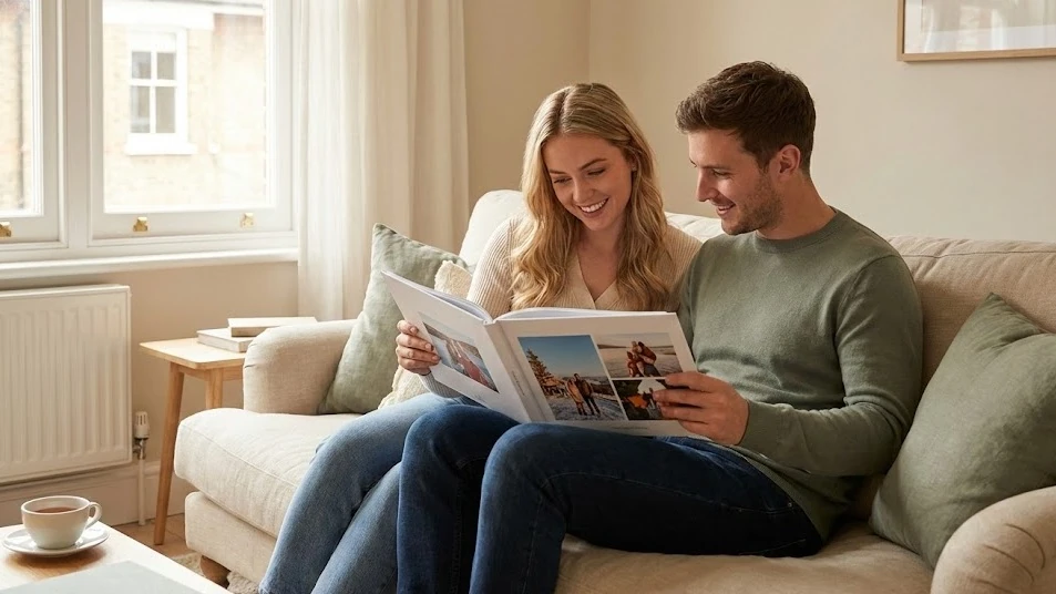 Couple sitting on a sofa in a British living room flipping through a personalised photo album from My Picture