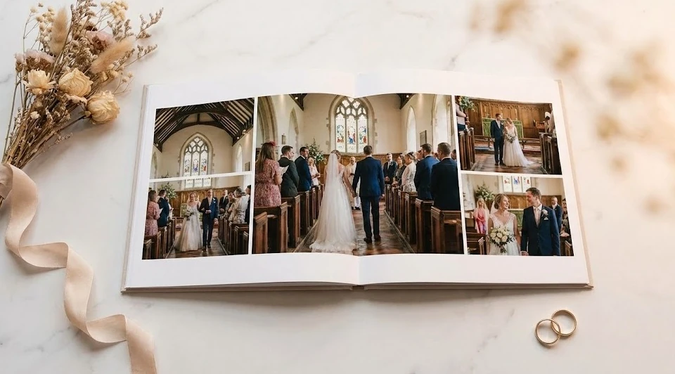 Open My Picture wedding photo album on a marble surface showing ceremony photos from a British country wedding
