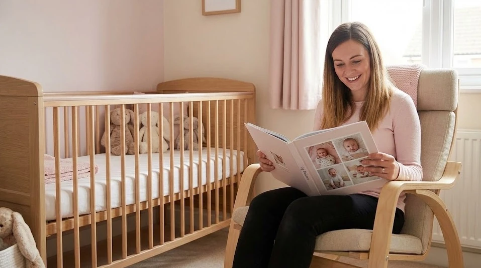 Mother in a British nursery looking through a My Picture baby photo album filled with milestone photos