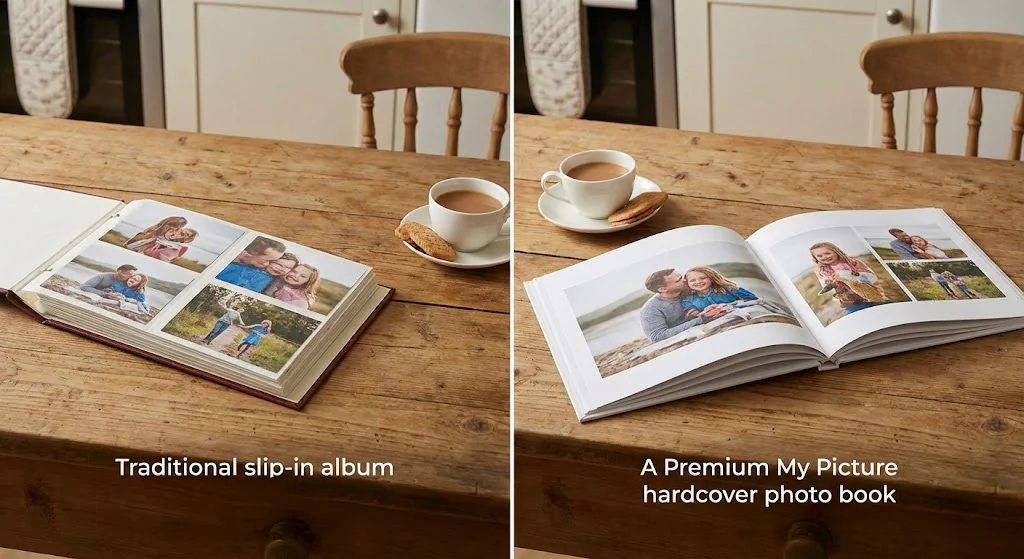 Side-by-side comparison of a traditional 6x4 photo album and a professionally printed My Picture photo book on a kitchen table