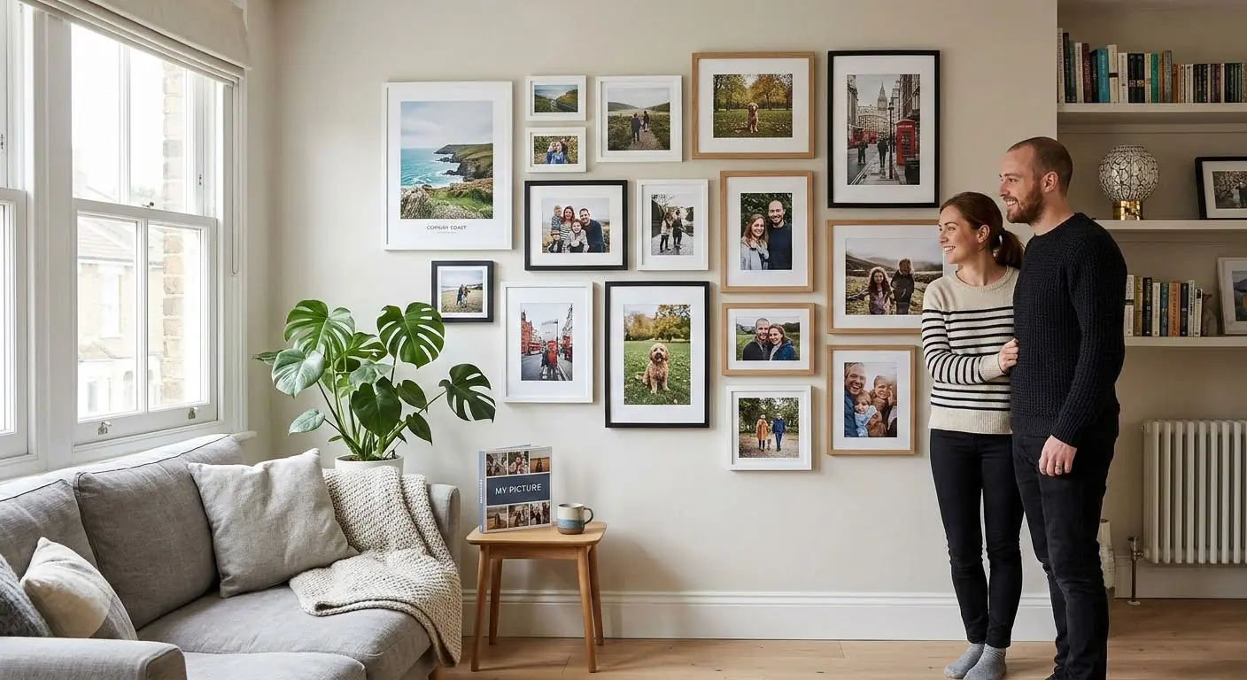 Gallery wall displaying standard photo
sizes in various frames in a bright British living room with a couple
admiring the arrangement