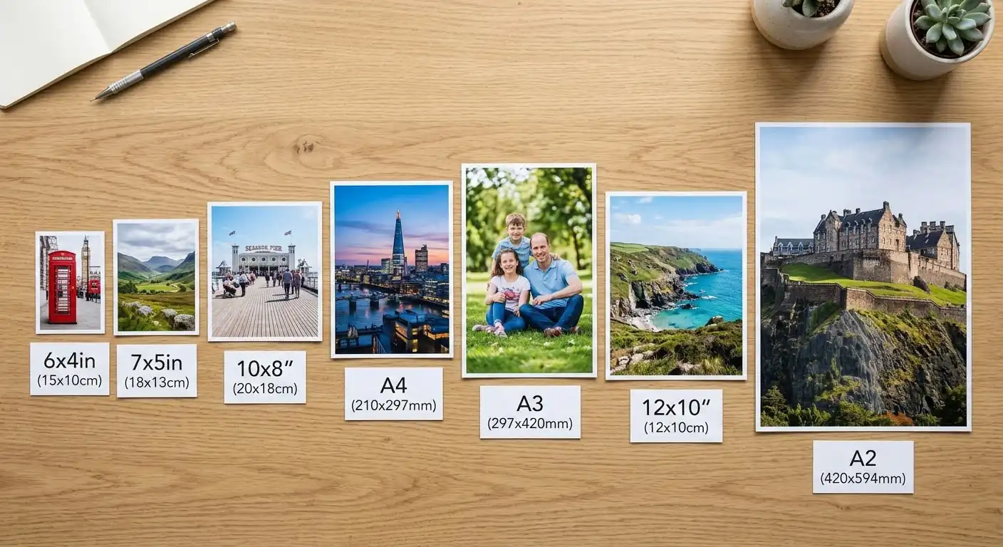 Flat-lay comparison of standard UK photo
sizes from 6x4 to A3 with dimension labels on a light oak desk